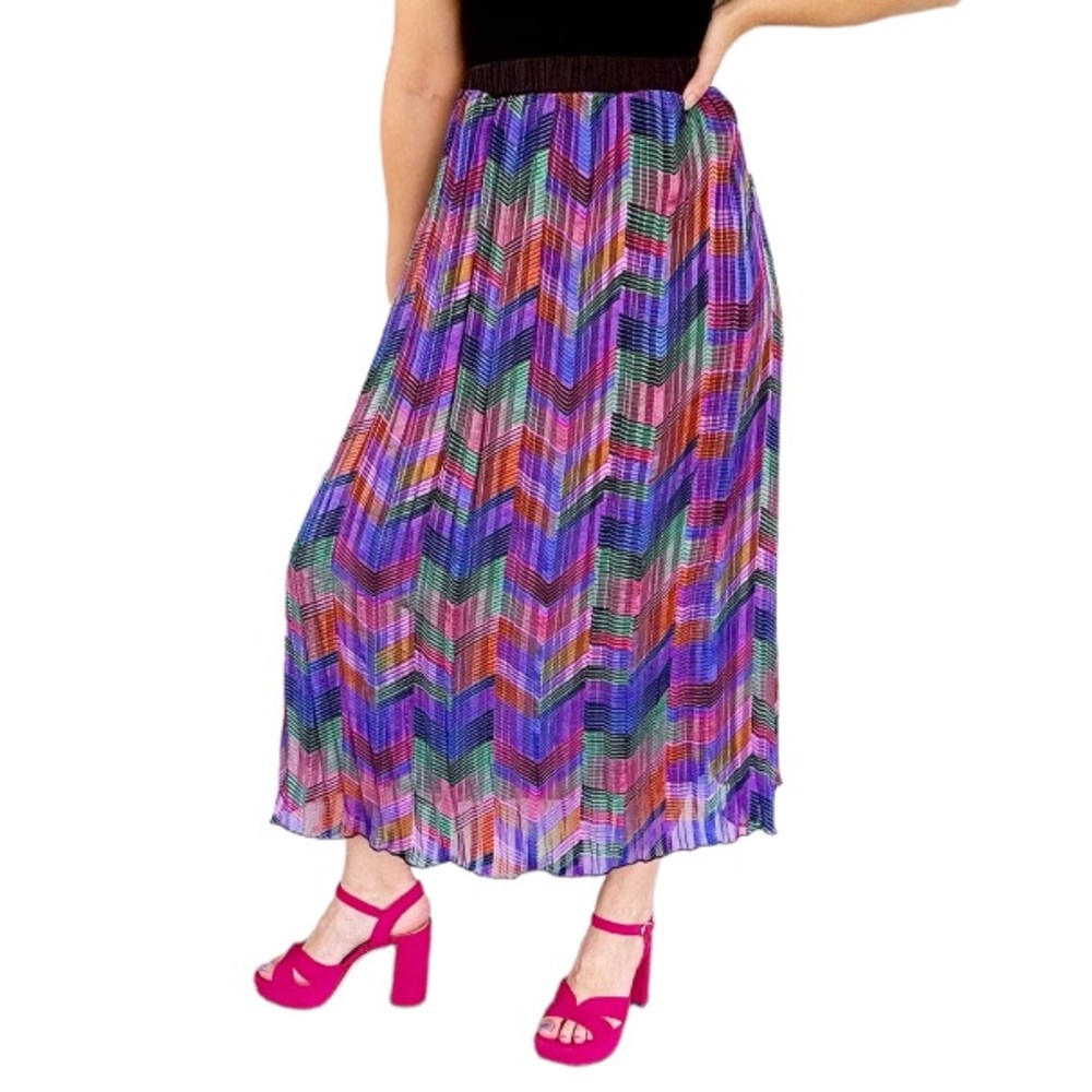 Pleated Chevron Midi Skirt in Purple Multi - Women
